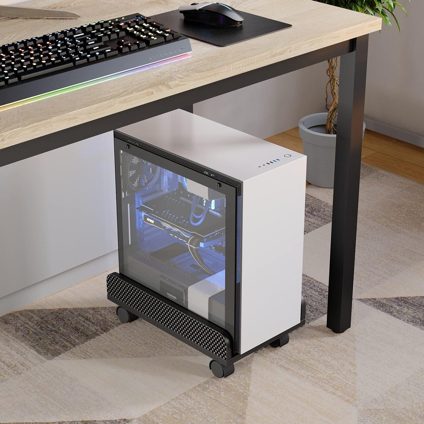 Computer CPU Stand Cart with Protective Sides CPU Holder with 4 Caster Wheels under Desk (Black Carbon Fiber)