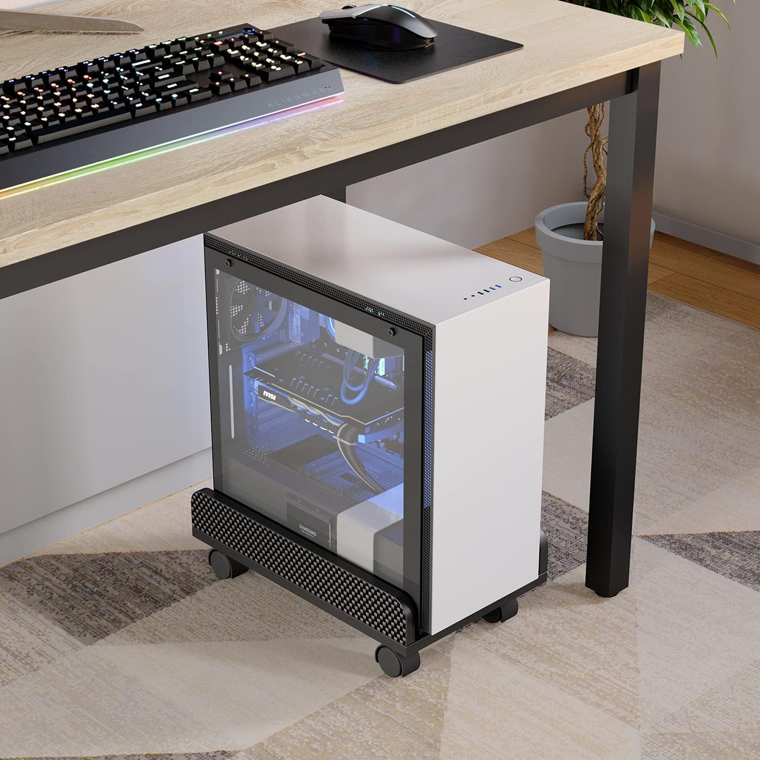 Computer CPU Stand Cart with Protective Sides CPU Holder with 4 Caster Wheels under Desk (Black Carbon Fiber)