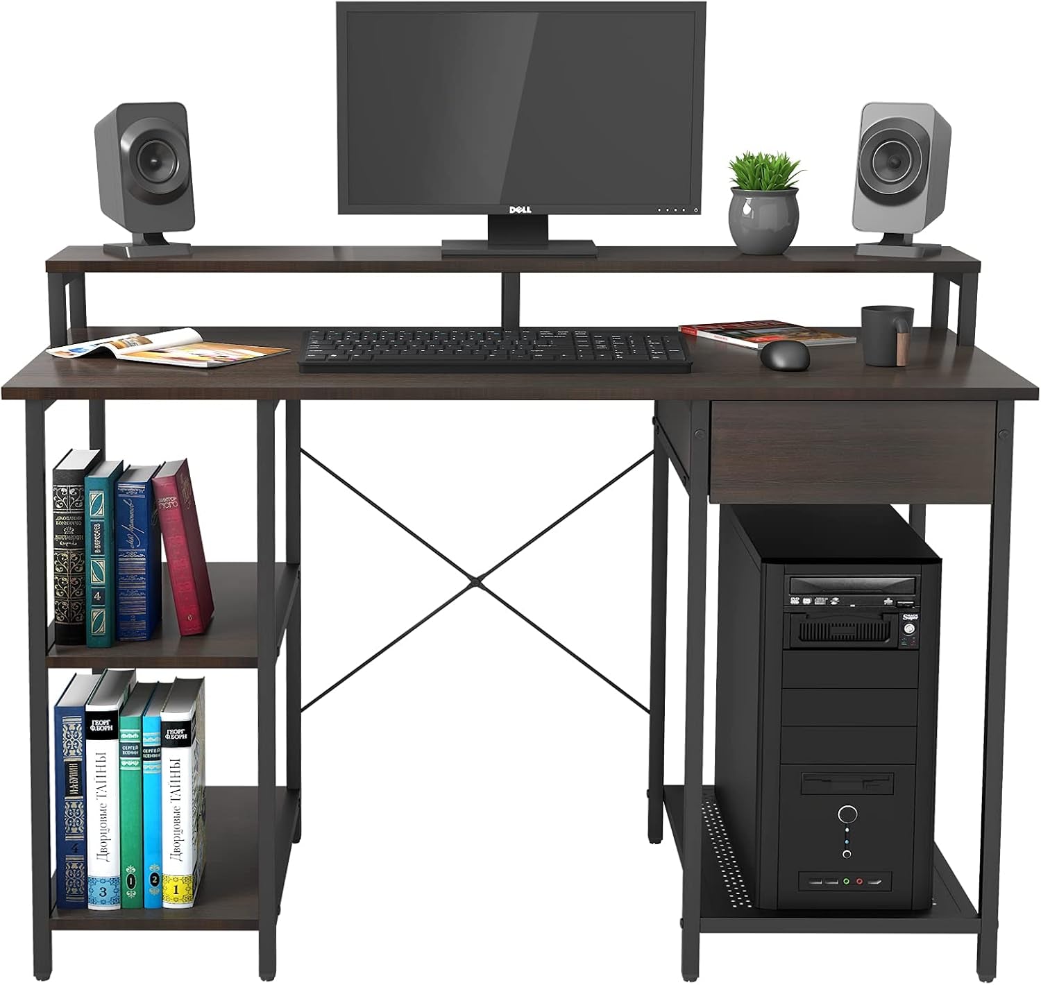 Home Office Computer Desk with Drawer, Monitor Stand and Storage Shelves