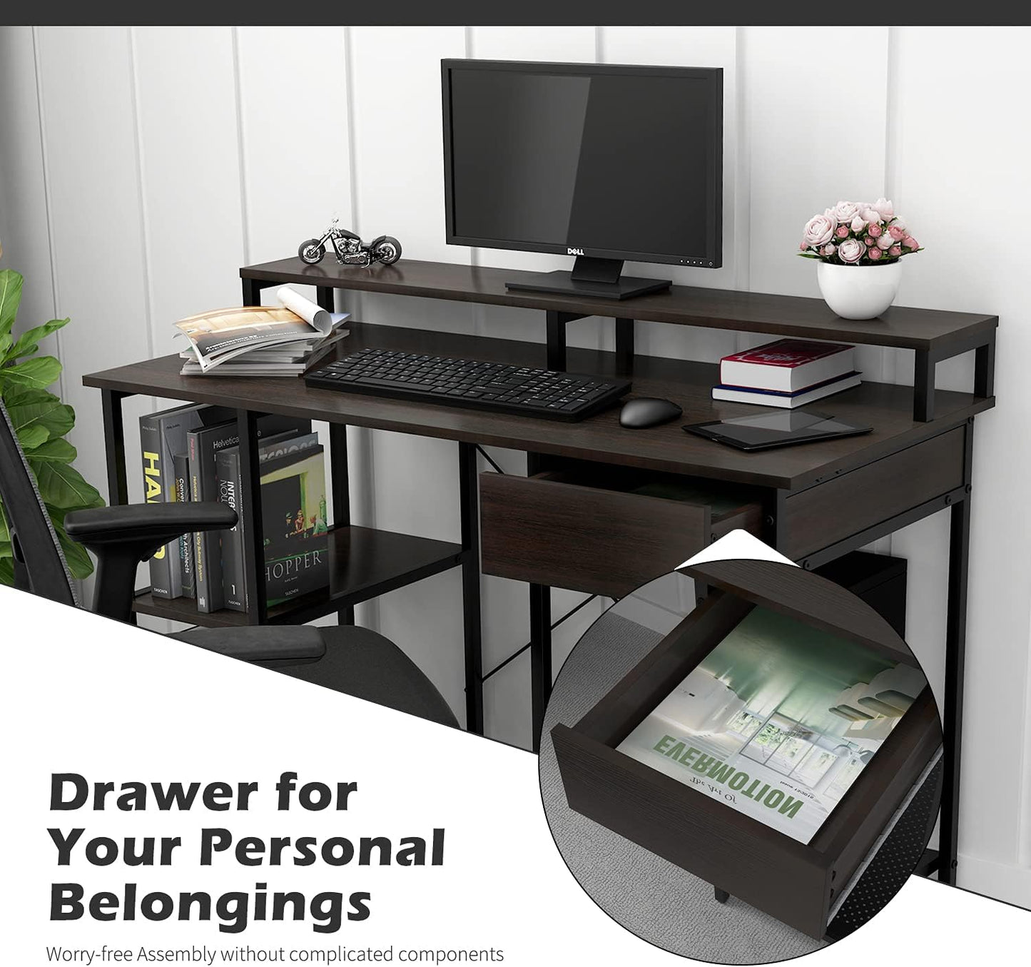 Home Office Computer Desk with Drawer, Monitor Stand and Storage Shelves