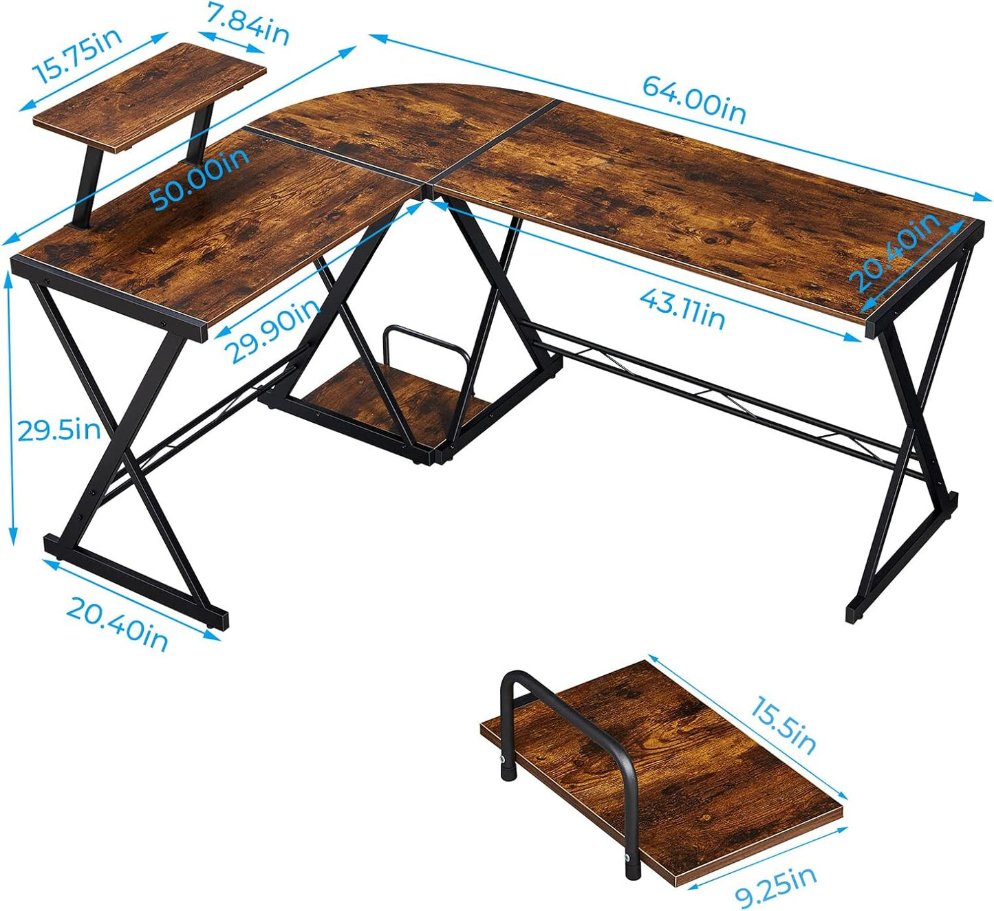 L Shaped Computer Desk Reversible Corner Computer Desk 64 Inch with Large Monitor Stand and CPU Stand, Rustic Brown