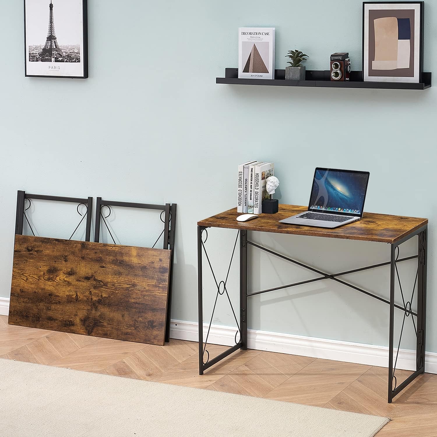 Folding Computer Desk 39.4'', Simple Laptop Table Home Office Workstation for Reading Writing, No Assembly Needed, Small Space, Antique Brown