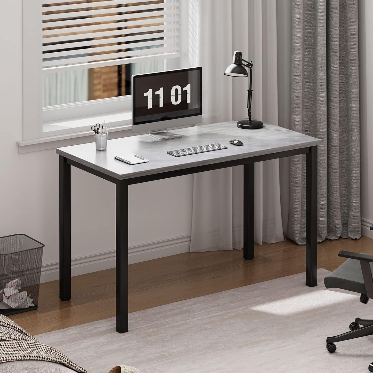 Small Desk, 39.4 Inches Sturdy Writing Desk for Small Spaces, Small Computer Desk Teens Desk Study Table Laptop Desk Home Ofice Desk, Black Metal Frame, Grey