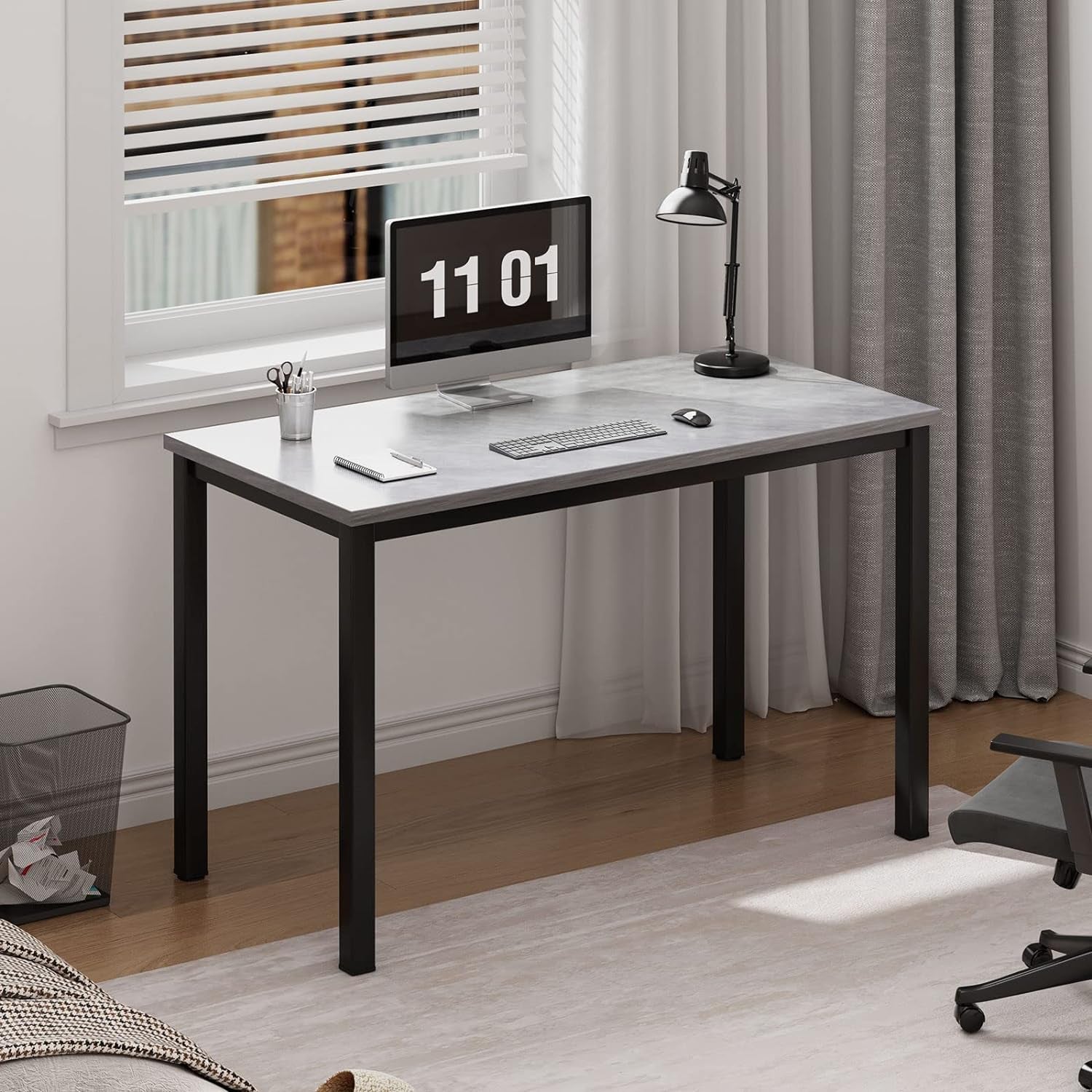 Small Desk, 39.4 Inches Sturdy Writing Desk for Small Spaces, Small Computer Desk Teens Desk Study Table Laptop Desk Home Ofice Desk, Black Metal Frame, Grey
