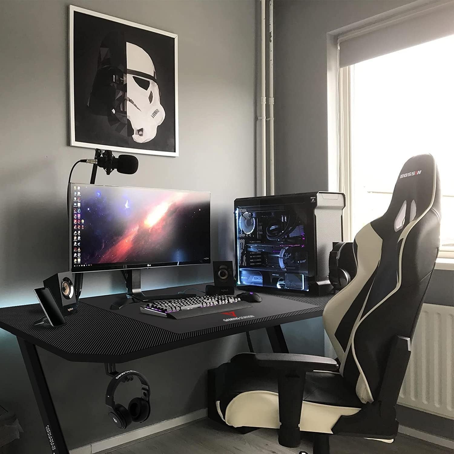 Gaming Desk 63 Inch, Ergonomic Gamer Computer Desk with Mouse Pad, PC Gaming Tables with Gaming Handle Rack, Cup Holder Headphone Hook