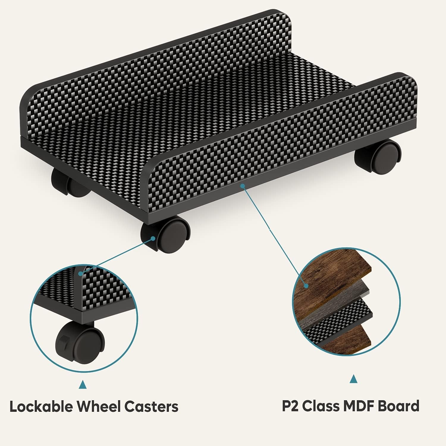 Computer CPU Stand Cart with Protective Sides CPU Holder with 4 Caster Wheels under Desk (Black Carbon Fiber)