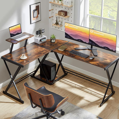 L Shaped Computer Desk Reversible Corner Computer Desk 64 Inch with Large Monitor Stand and CPU Stand, Rustic Brown