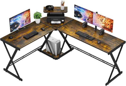 L Shaped Computer Desk Reversible Corner Computer Desk 64 Inch with Large Monitor Stand and CPU Stand, Rustic Brown