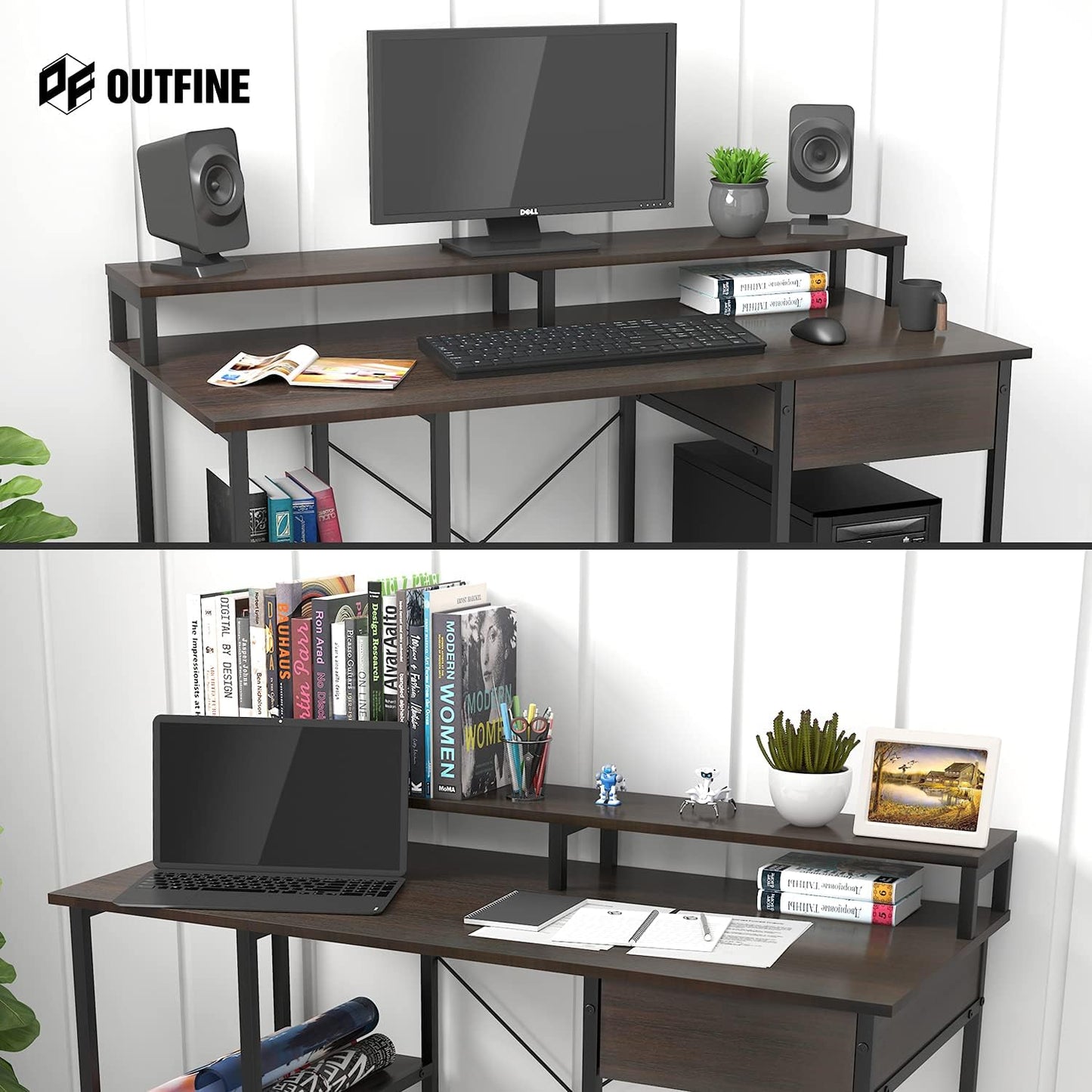 Home Office Computer Desk with Drawer, Monitor Stand and Storage Shelves