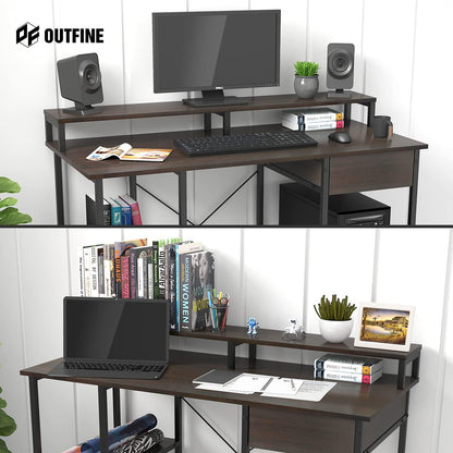 Home Office Computer Desk with Drawer, Monitor Stand and Storage Shelves