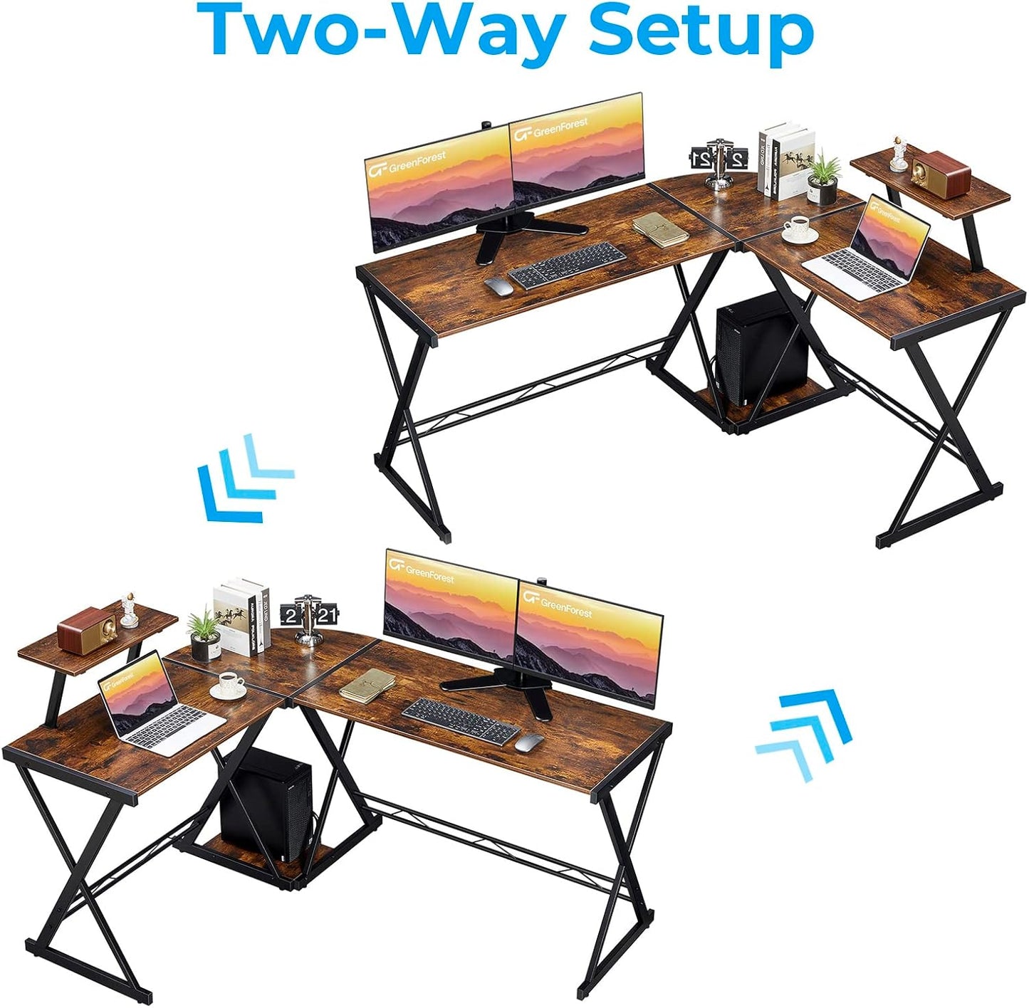 L Shaped Computer Desk Reversible Corner Computer Desk 64 Inch with Large Monitor Stand and CPU Stand, Rustic Brown