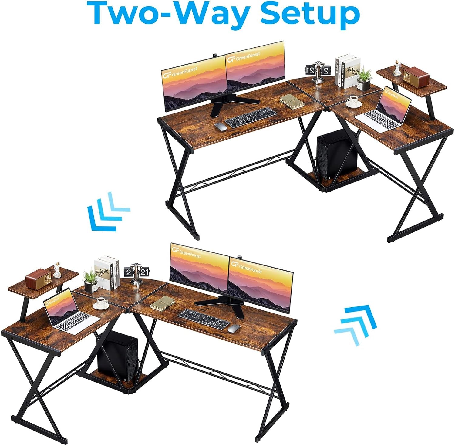 L Shaped Computer Desk Reversible Corner Computer Desk 64 Inch with Large Monitor Stand and CPU Stand, Rustic Brown