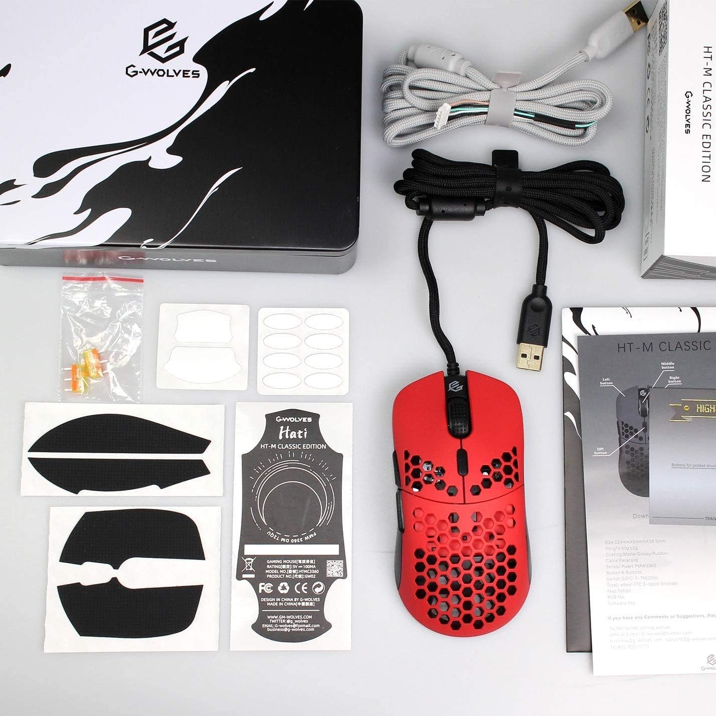 Gwolves Hati HTM Lightweight Honeycomb Wired Gaming Mouse,~56G,3389 Sensor,16,000 DPI, Low Latency,Anti-Interference,6 Programmable Buttons,On-Board Memory,Pc/Mac and Laptop (Faze Red, HTM - Medium)