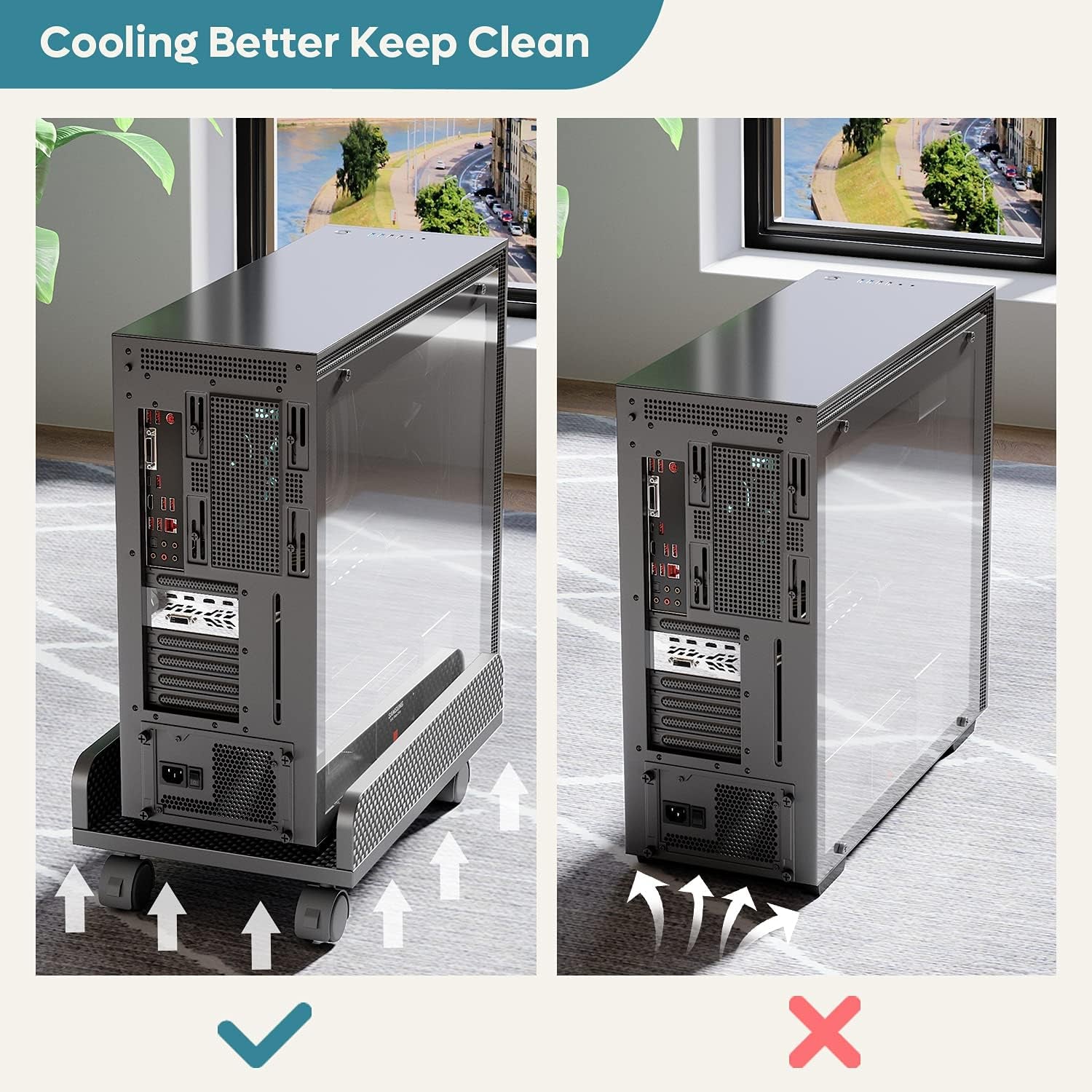 Computer CPU Stand Cart with Protective Sides CPU Holder with 4 Caster Wheels under Desk (Black Carbon Fiber)