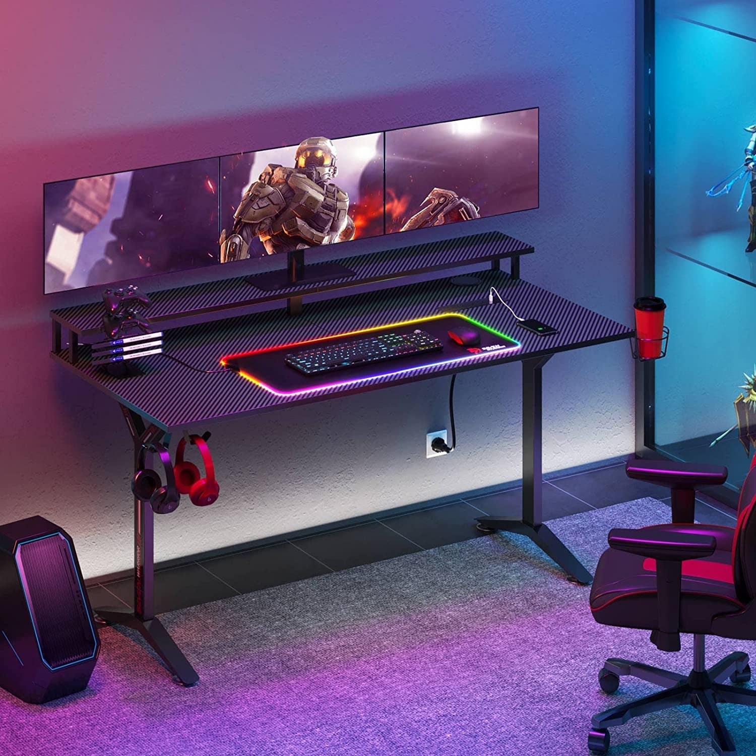 Gaming Desk 55INCH with RGB Mouse Pad & Power Outlet, Carbon Fiber Surface Gamer Desk with Monitor Stand, Ergonomic Y Shaped Gamer Table with Cup Holder, Headphone Hook, Outlet Organizer