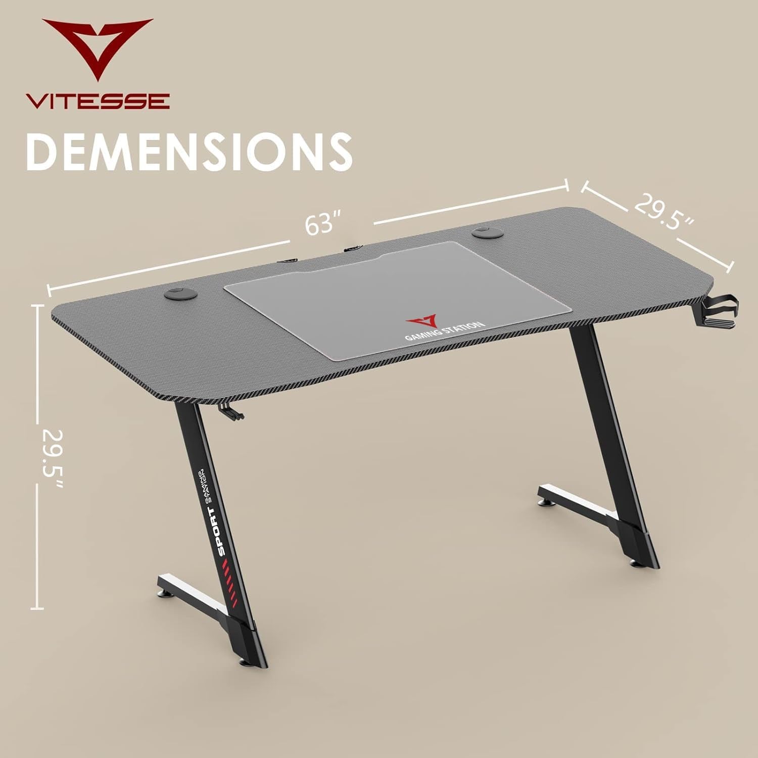Gaming Desk 63 Inch, Ergonomic Gamer Computer Desk with Mouse Pad, PC Gaming Tables with Gaming Handle Rack, Cup Holder Headphone Hook