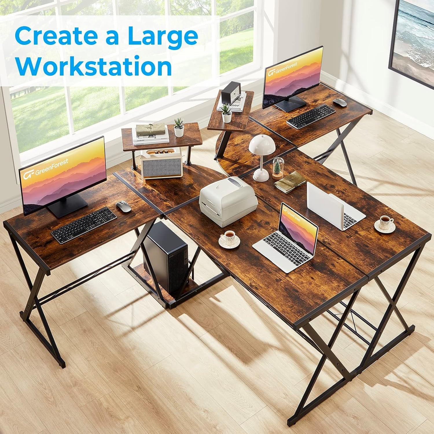 L Shaped Computer Desk Reversible Corner Computer Desk 64 Inch with Large Monitor Stand and CPU Stand, Rustic Brown