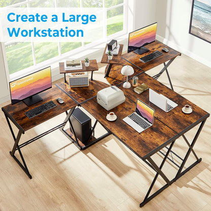 L Shaped Computer Desk Reversible Corner Computer Desk 64 Inch with Large Monitor Stand and CPU Stand, Rustic Brown