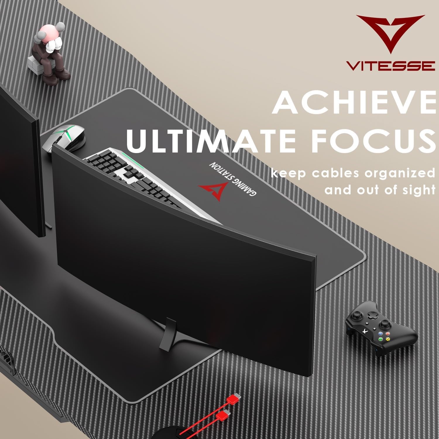 Gaming Desk 63 Inch, Ergonomic Gamer Computer Desk with Mouse Pad, PC Gaming Tables with Gaming Handle Rack, Cup Holder Headphone Hook