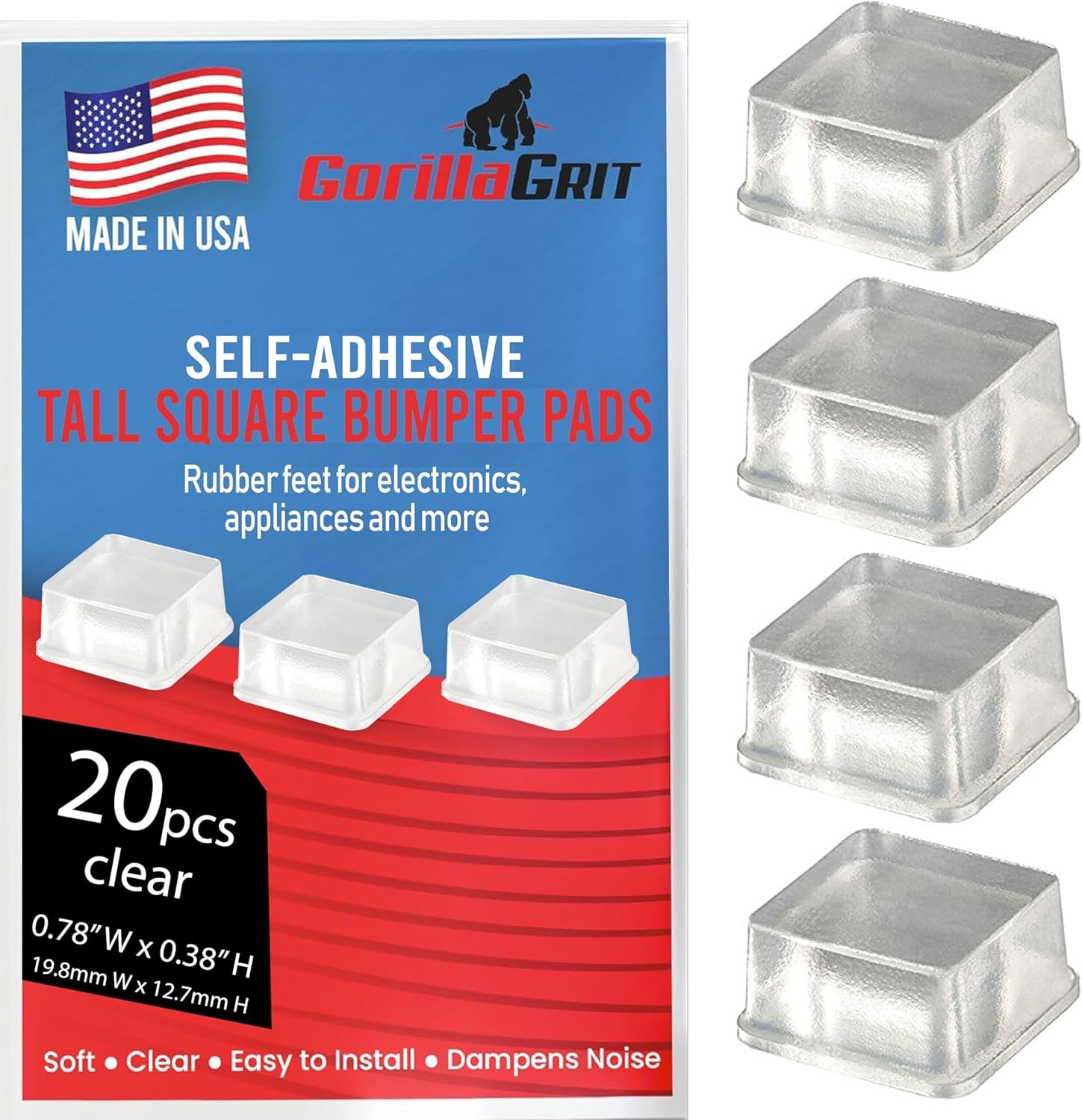 Clear Tall Square Adhesive Rubber Bumper Pads - Rubber Feet for Speakers, Electronics, Furniture, Appliances, Audio Equipment - 20 Pieces