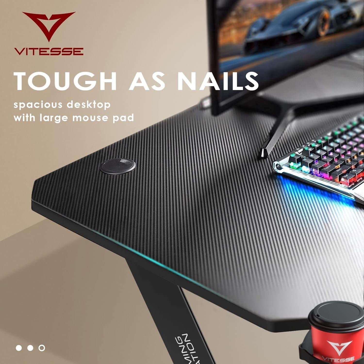 Gaming Desk 63 Inch, Ergonomic Gamer Computer Desk with Mouse Pad, PC Gaming Tables with Gaming Handle Rack, Cup Holder Headphone Hook