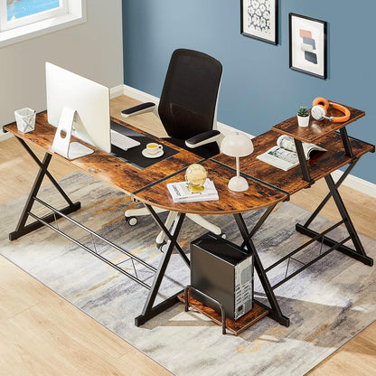 L Shaped Computer Desk Reversible Corner Computer Desk 64 Inch with Large Monitor Stand and CPU Stand, Rustic Brown