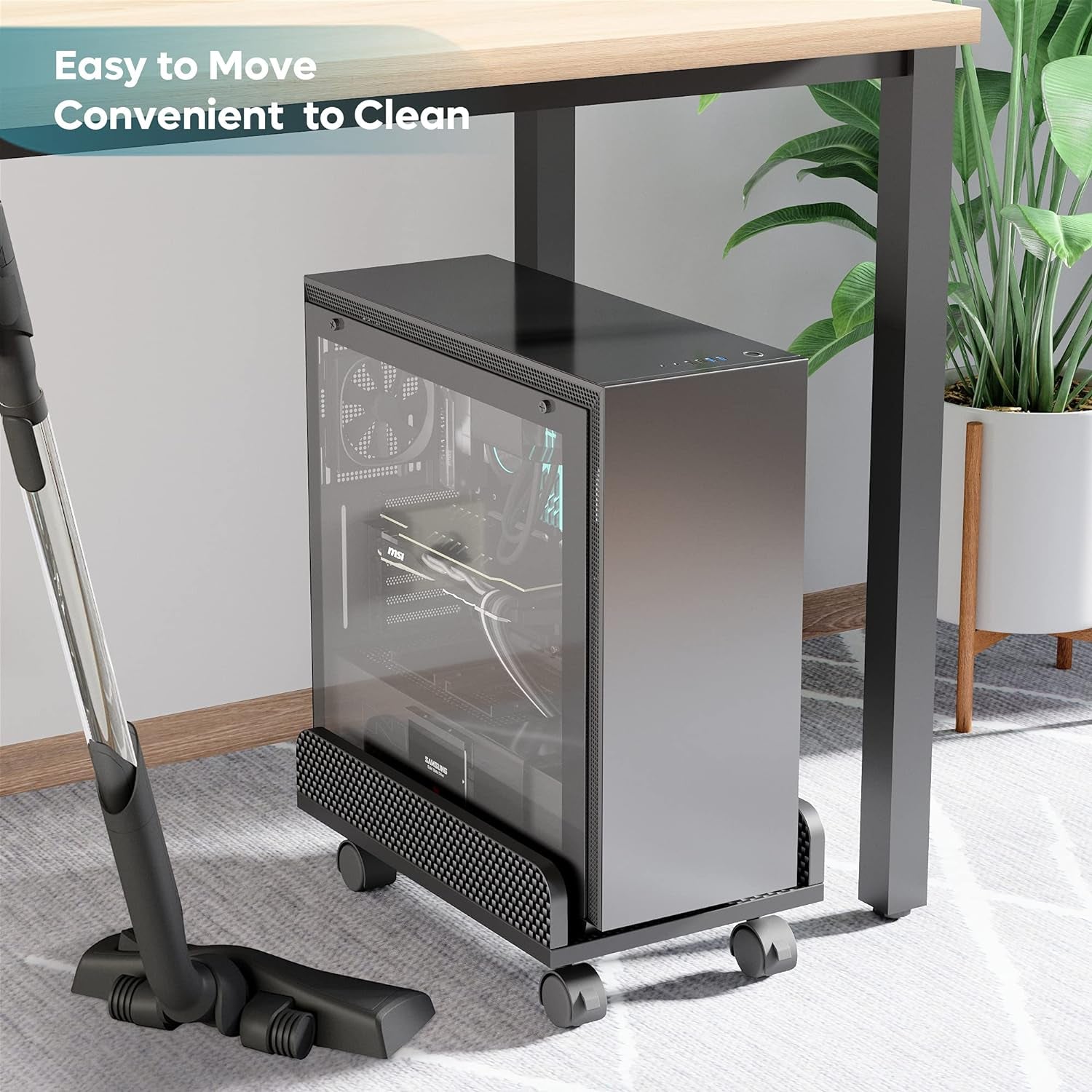 Computer CPU Stand Cart with Protective Sides CPU Holder with 4 Caster Wheels under Desk (Black Carbon Fiber)